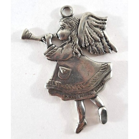 Vintage Seagull Pewter Christmas Ornament Girl Angel Blowing Horn 3" Canada 1988 - Picture 2 of 3